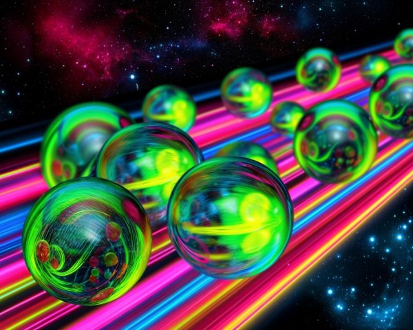 Vibrant Cosmic Scene with Glowing Spheres and Light Beams