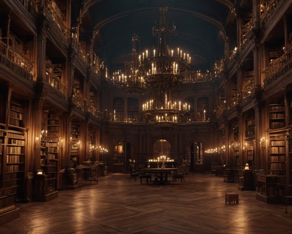 Grand Dimly Lit Library with Towering Bookshelves