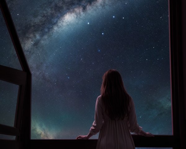 Woman gazing at a cosmic scene through a window