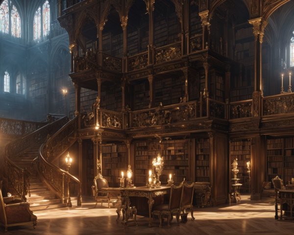 Opulent library with carved shelves and stained glass windows