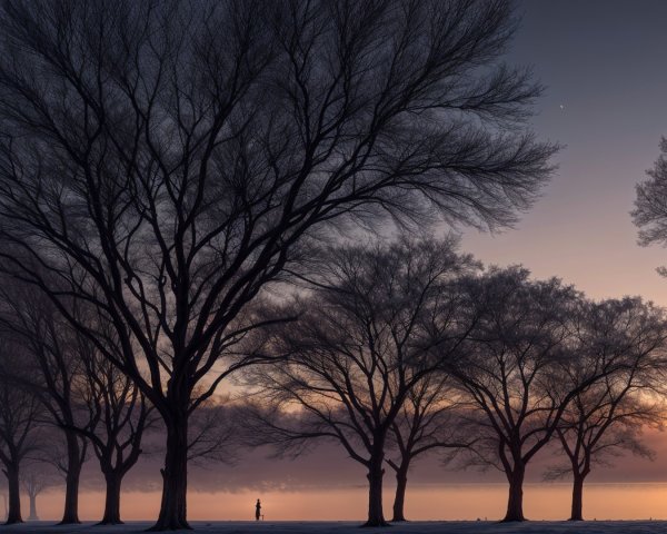 Dusk Scene with Silhouetted Trees and Water Reflection