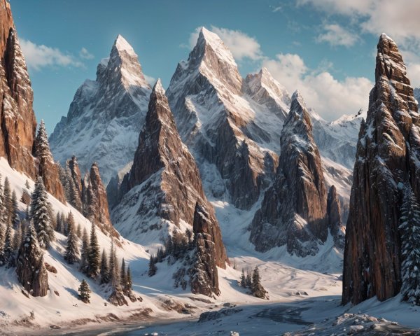 Winter Landscape with Snow-Capped Mountains and River