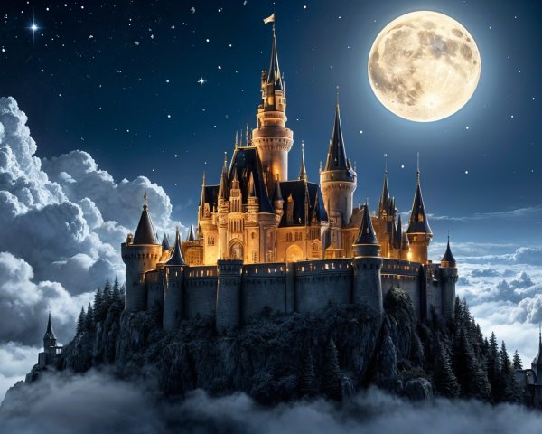 Castle on Rocky Peak Under Starry Night Sky