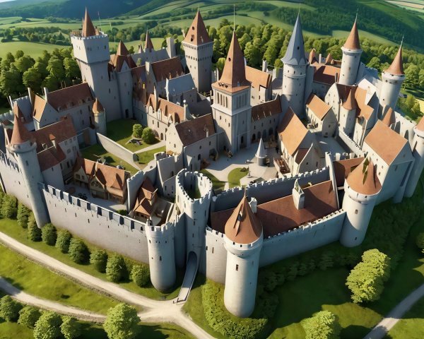 Aerial View of a Large Medieval Castle Complex