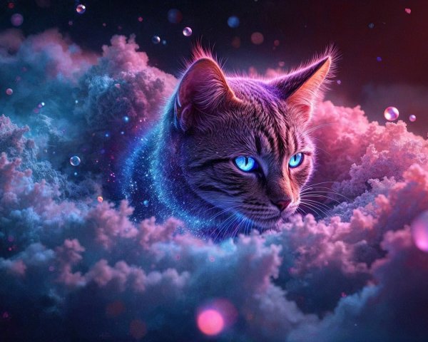 Digital Illustration of a Cat in Cosmic Clouds