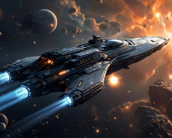 Futuristic spaceship in vibrant cosmic landscape