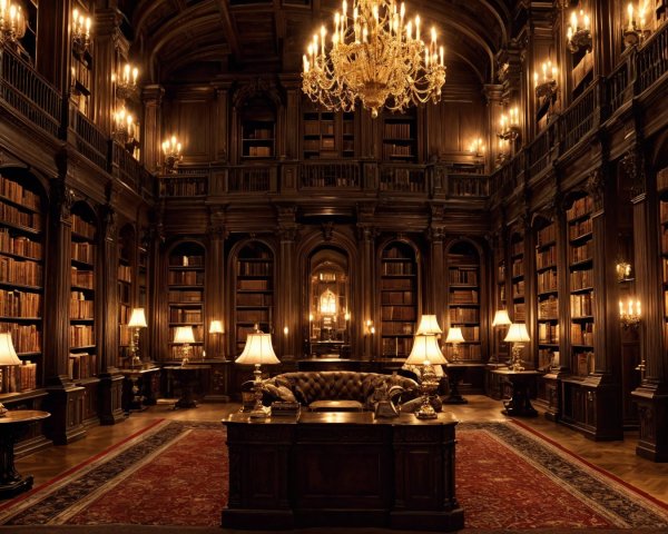 Grand Dimly Lit Library with Ancient Tomes and Elegance