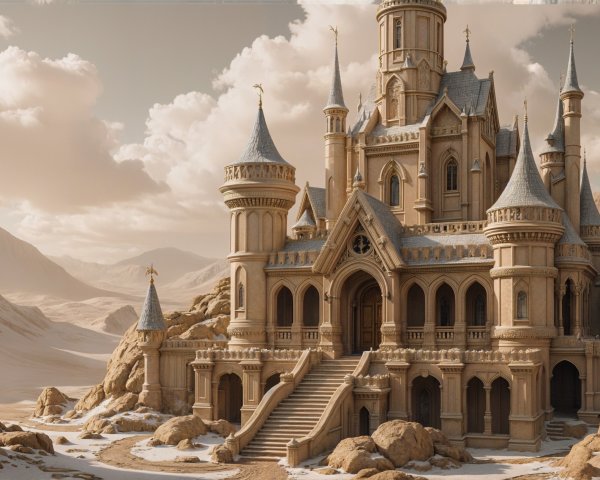 Majestic castle on rocky foundation in desert landscape