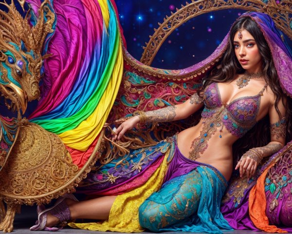 Model in Vibrant Attire Against Ornate Dragon Backdrop