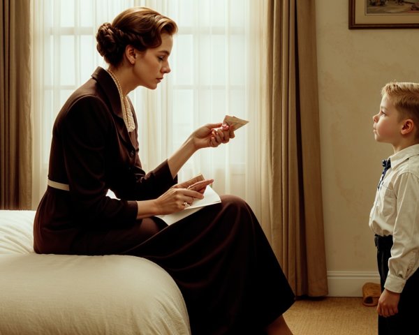 Vintage Scene of Woman and Boy in Thoughtful Moment