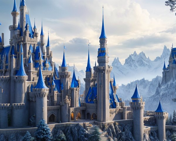 Majestic castle with blue turrets and snow-capped mountains