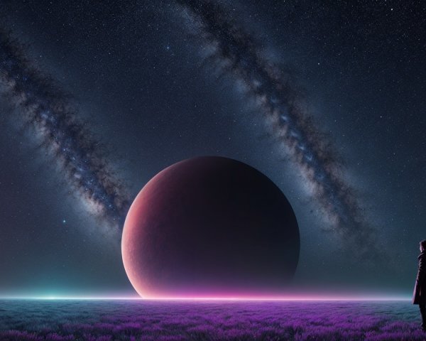 Surreal Landscape with Crimson Planet and Galaxies