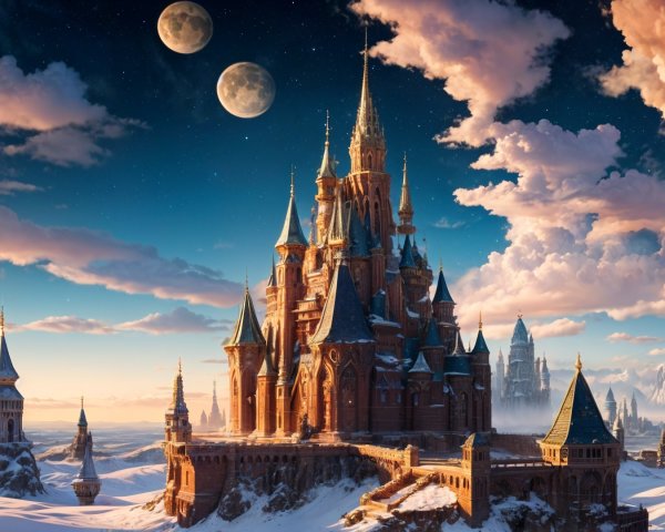Majestic castle under two moons in a snowy landscape