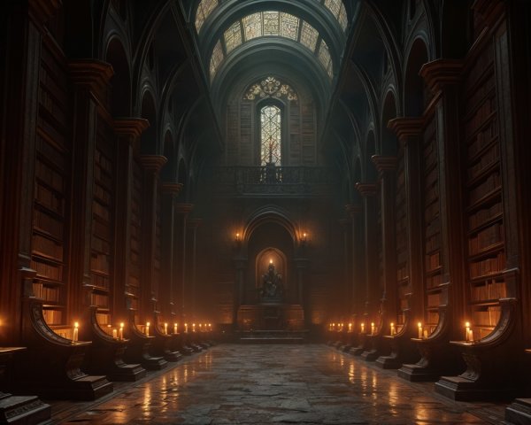 Grand Dimly Lit Library with Ancient Texts and Statues