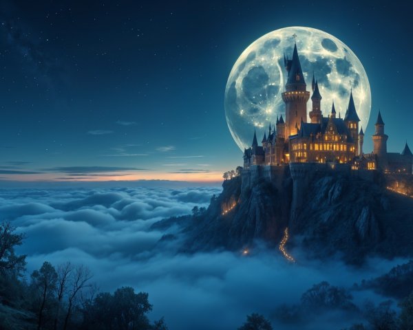 Majestic Castle on Rocky Hill Under Full Moon Glow