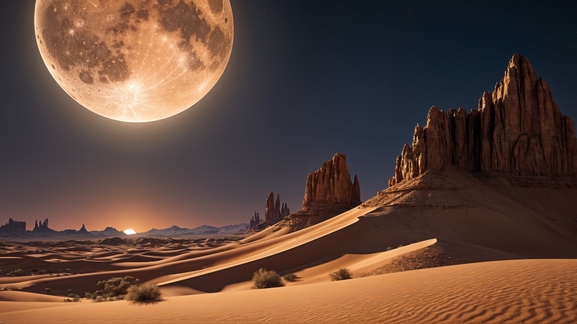 Nighttime Desert Landscape with Moonlight and Sunrise