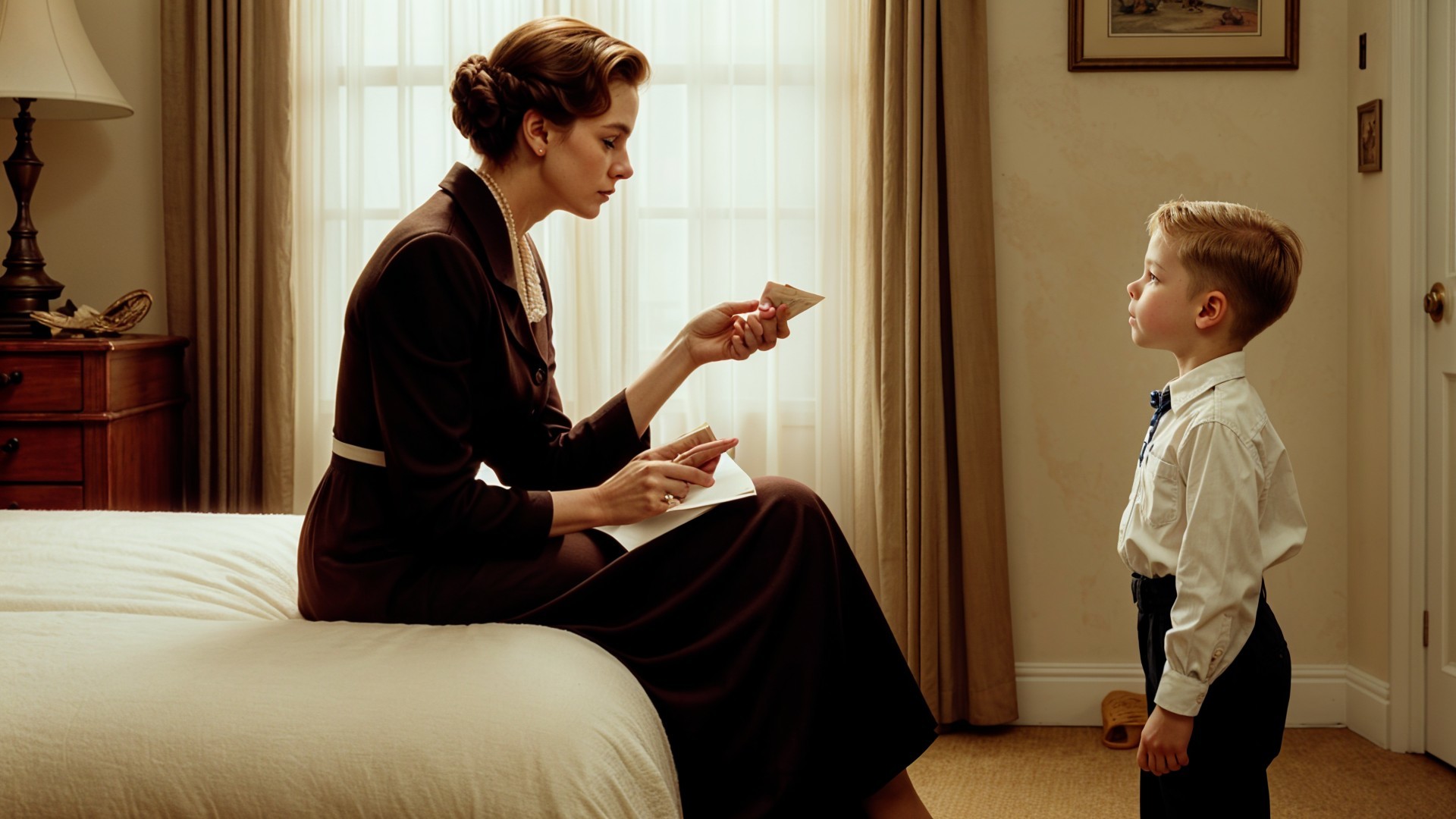 Vintage Scene of Woman and Boy in Thoughtful Moment