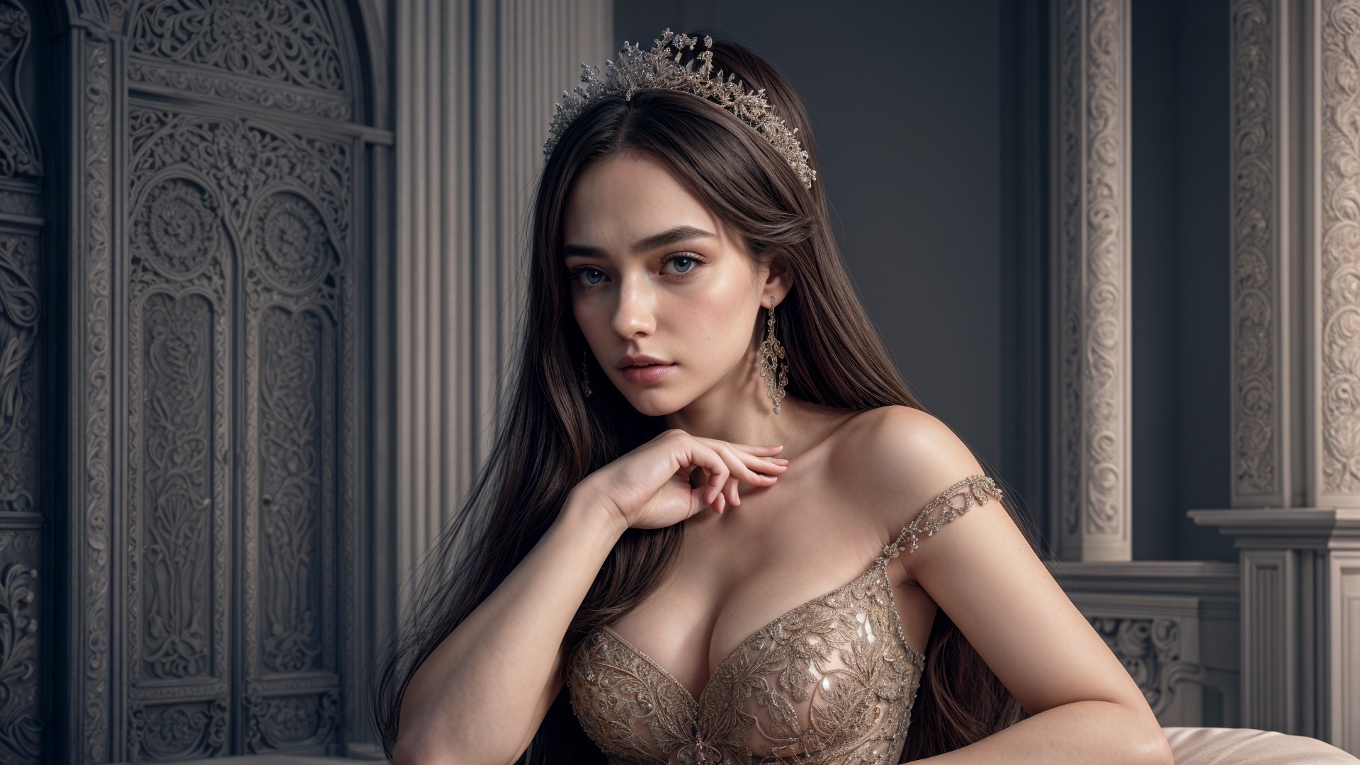 Sophisticated Woman in Golden Gown with Regal Accessories