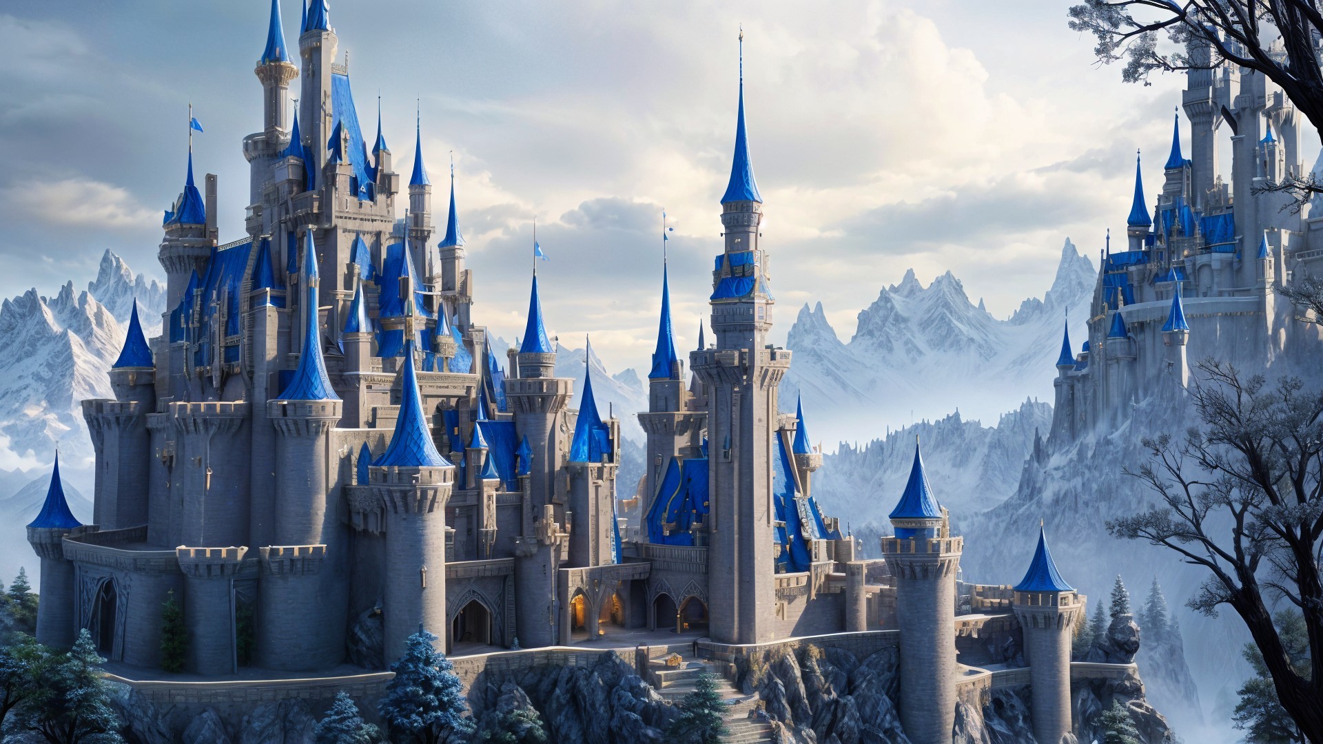 Majestic castle with blue turrets and snow-capped mountains