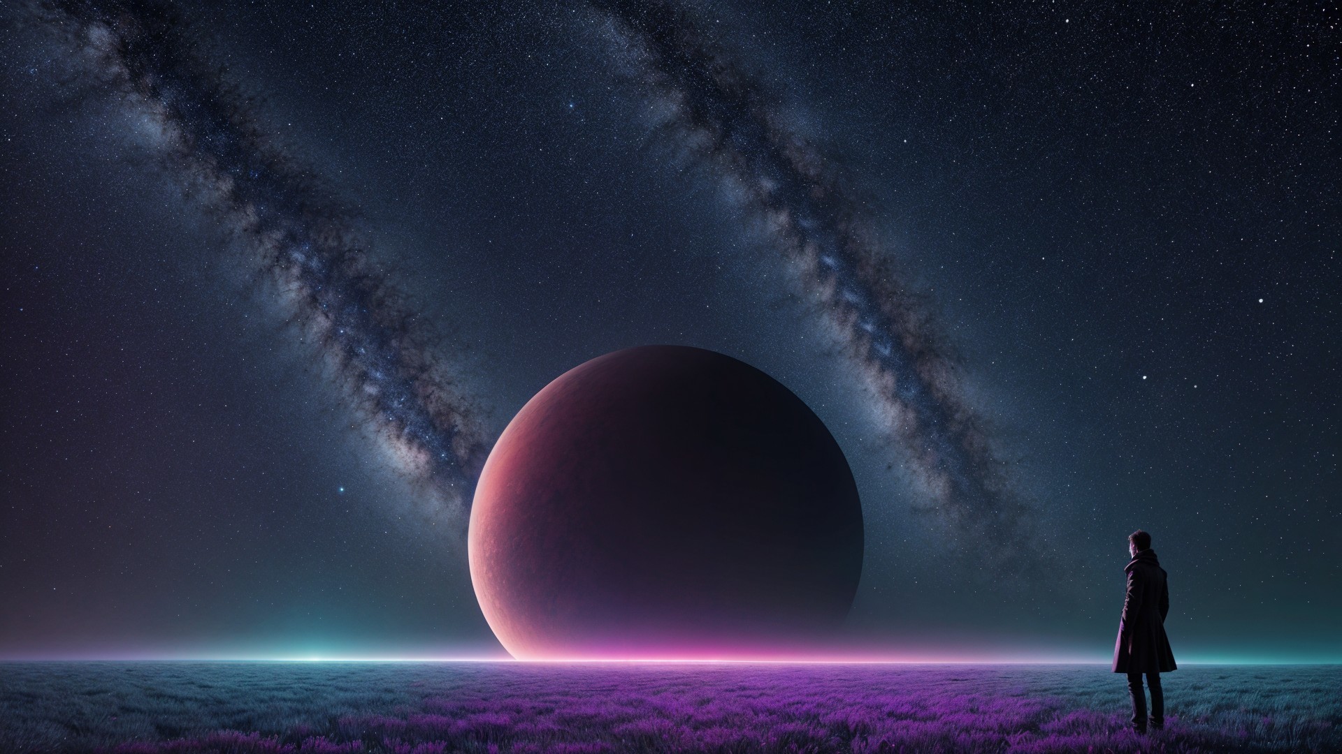 Surreal Landscape with Crimson Planet and Galaxies