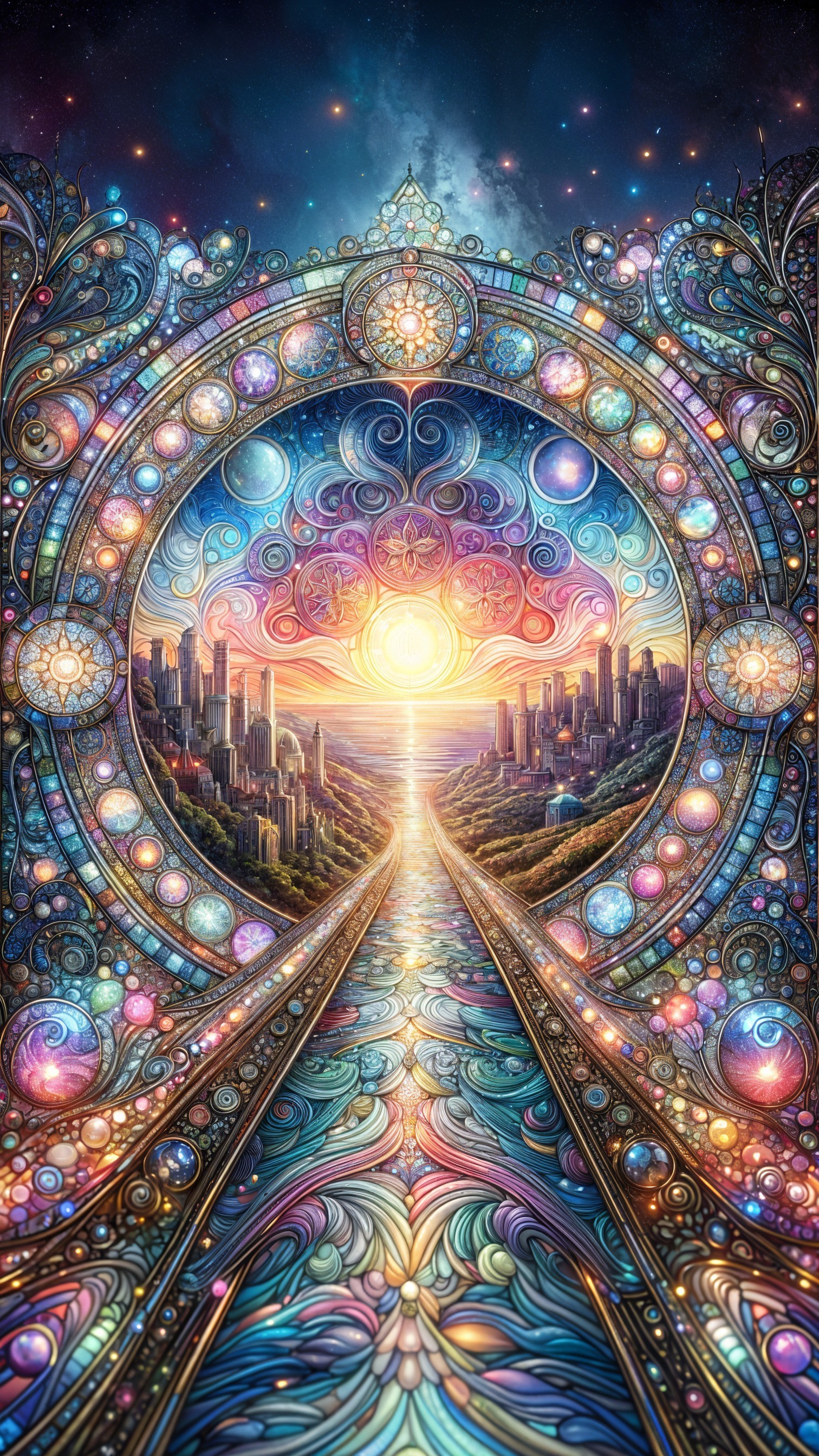 Surreal Landscape with Jeweled Archway and Sunset