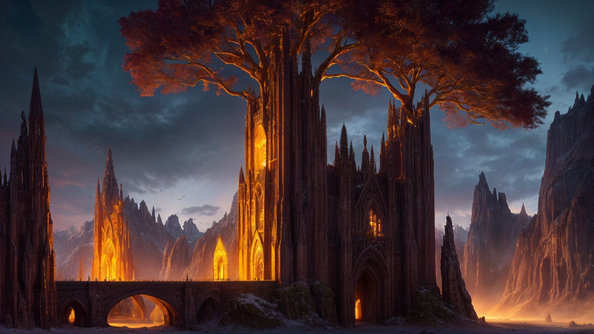Gothic Structure with Luminous Tree in Twilight Landscape