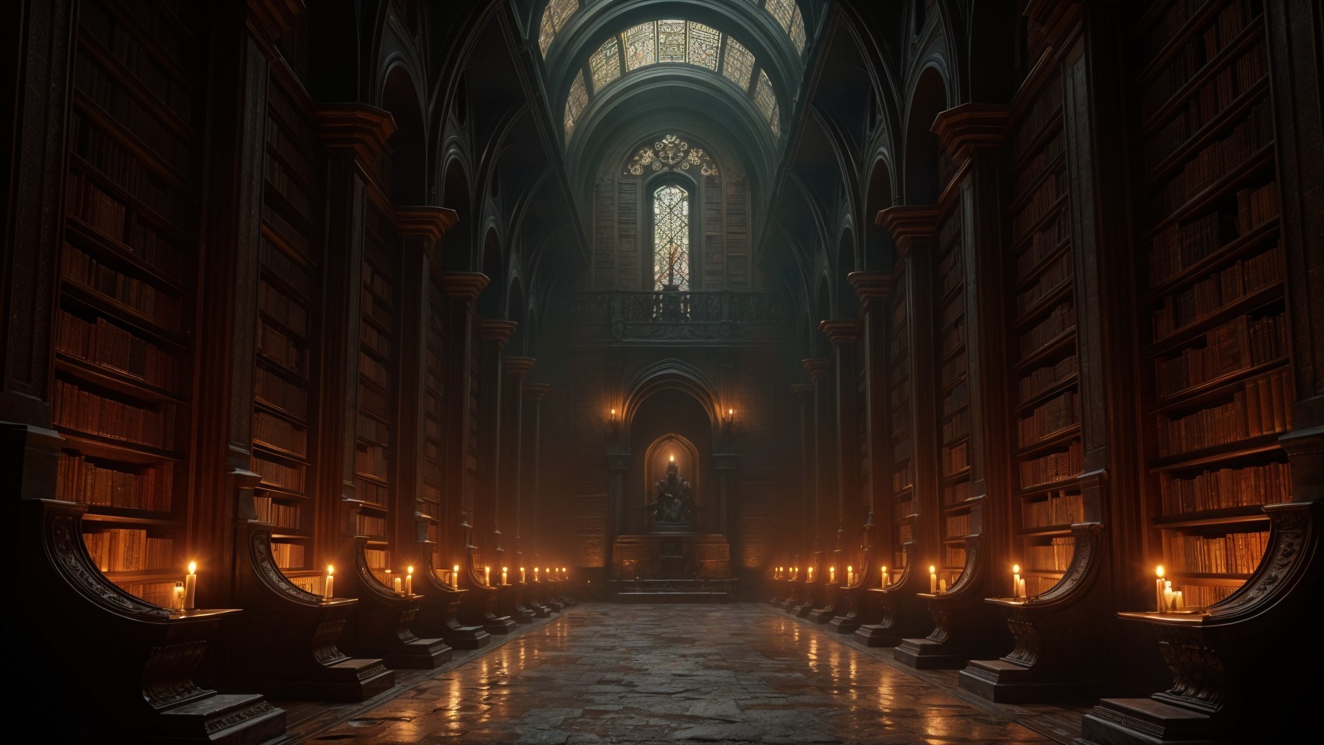 Grand Dimly Lit Library with Ancient Texts and Statues