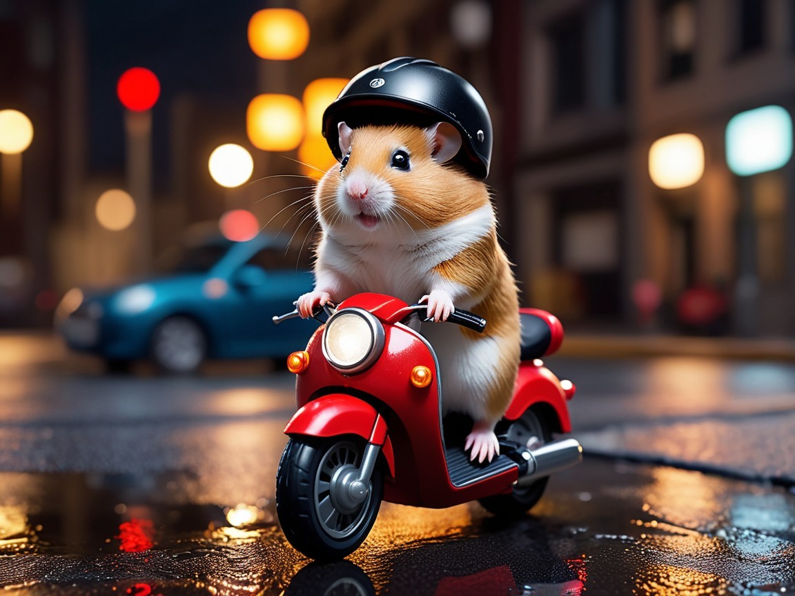 Hamster in Helmet Riding Red Scooter at Night