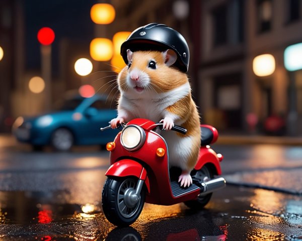 Hamster in Helmet Riding Red Scooter at Night
