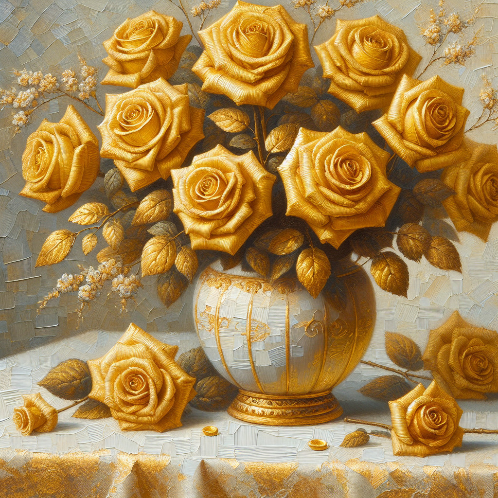 Golden Roses in Elegant White and Gold Vase