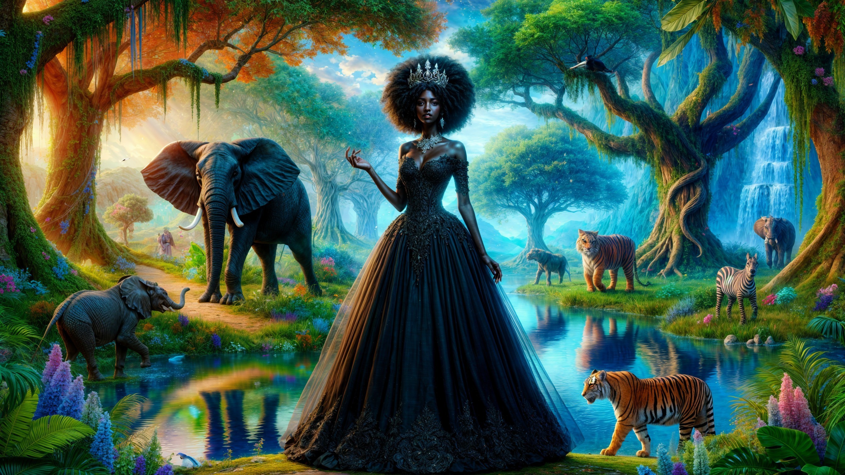 Regal Woman in Black Gown by Serene River in Forest