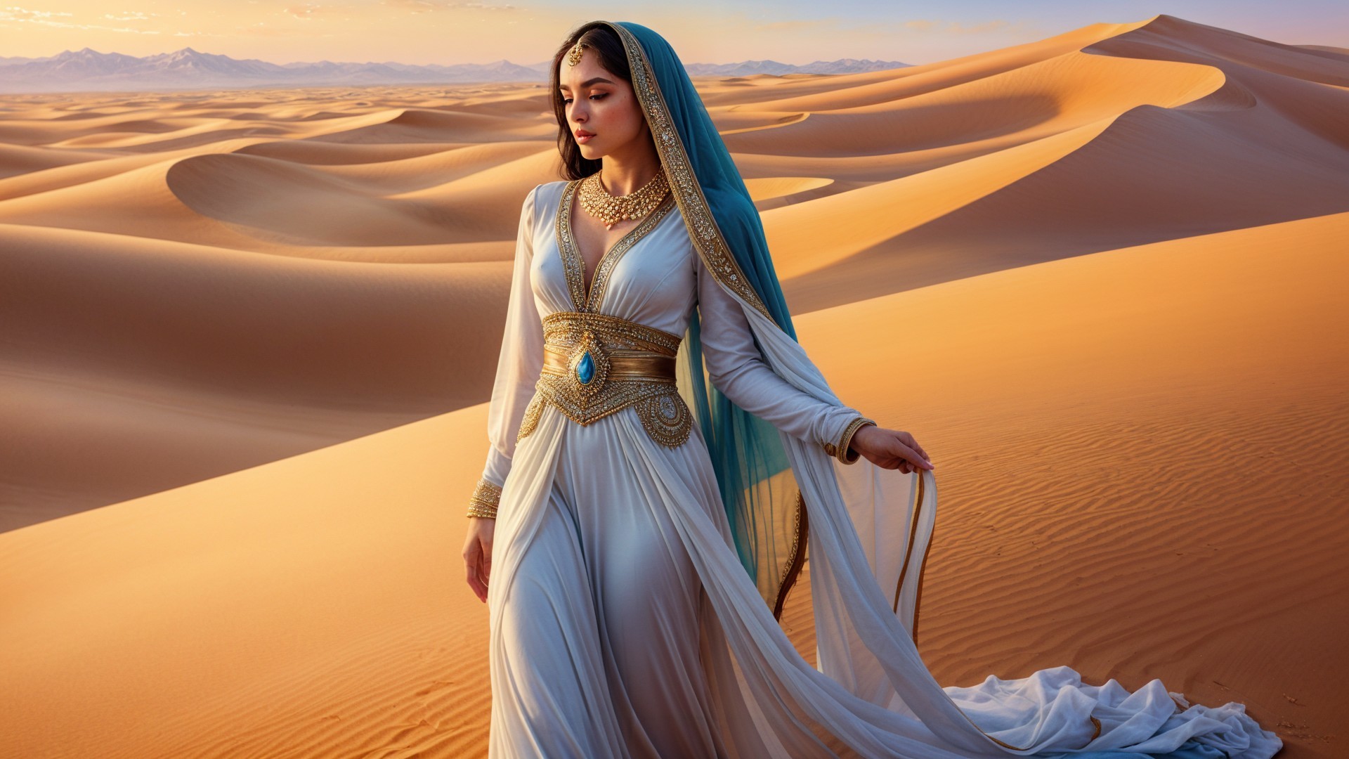 Elegant Woman in Desert Landscape at Sunset