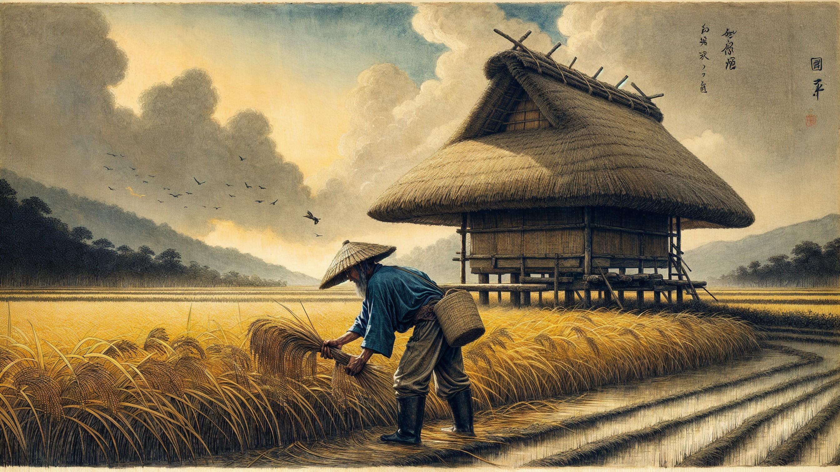 Rural Scene of Farmer Harvesting Rice in Nature