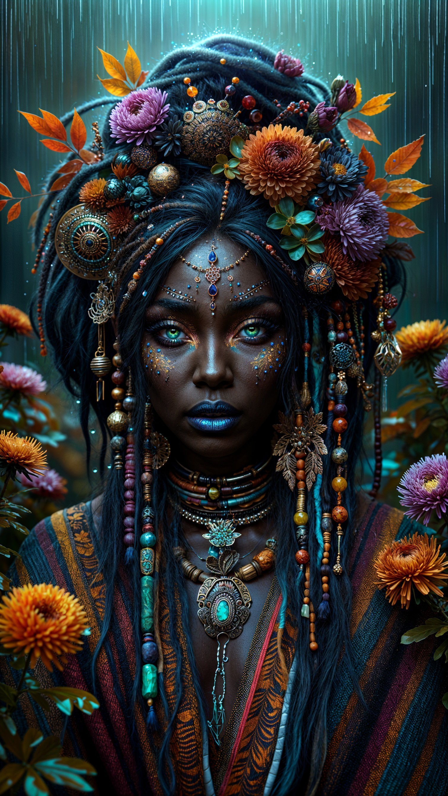 Portrait of a Woman with Jewelry and Floral Hair