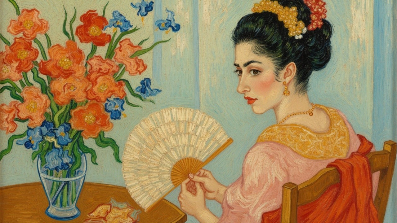 Young Woman at Table with Fan and Floral Decor