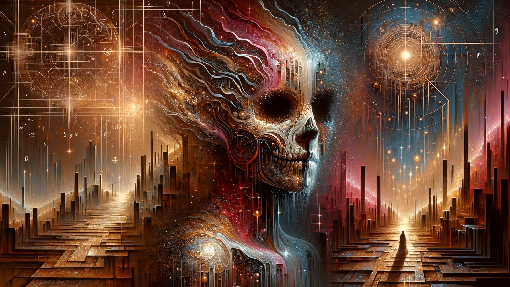 Cosmic Skull in Colorful Vortex with Abstract Cityscape