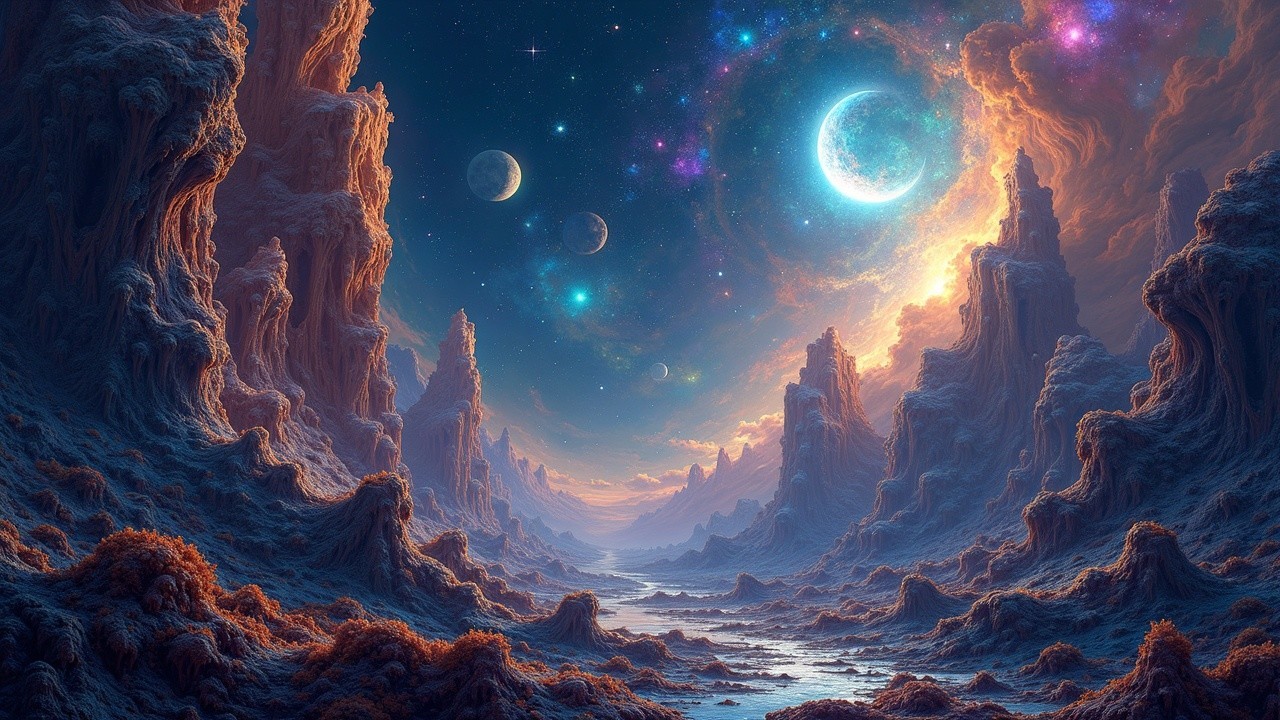 Surreal Cosmic Landscape with Vibrant Colors and Planets