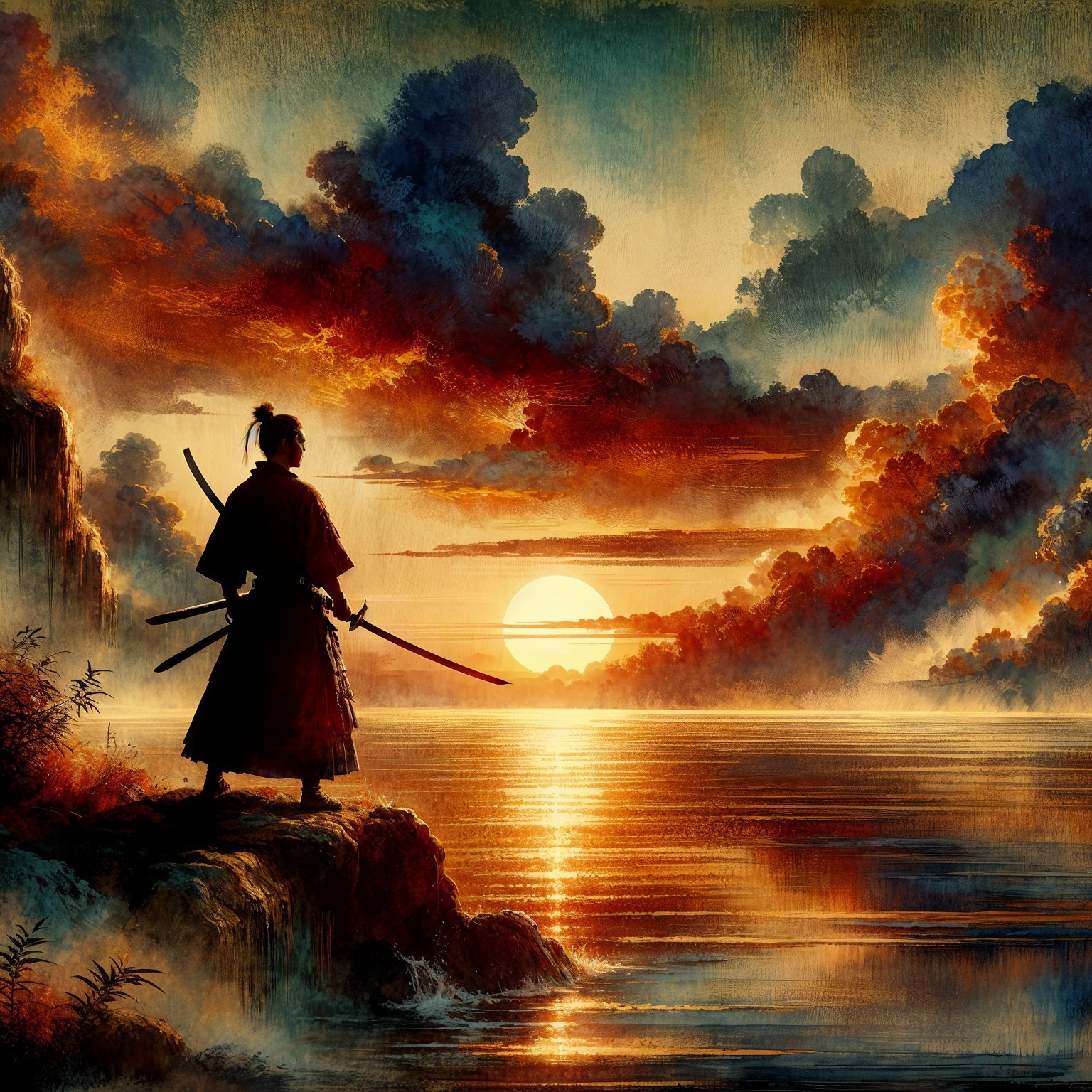 Samurai Contemplation at Sunset on Rocky Shore