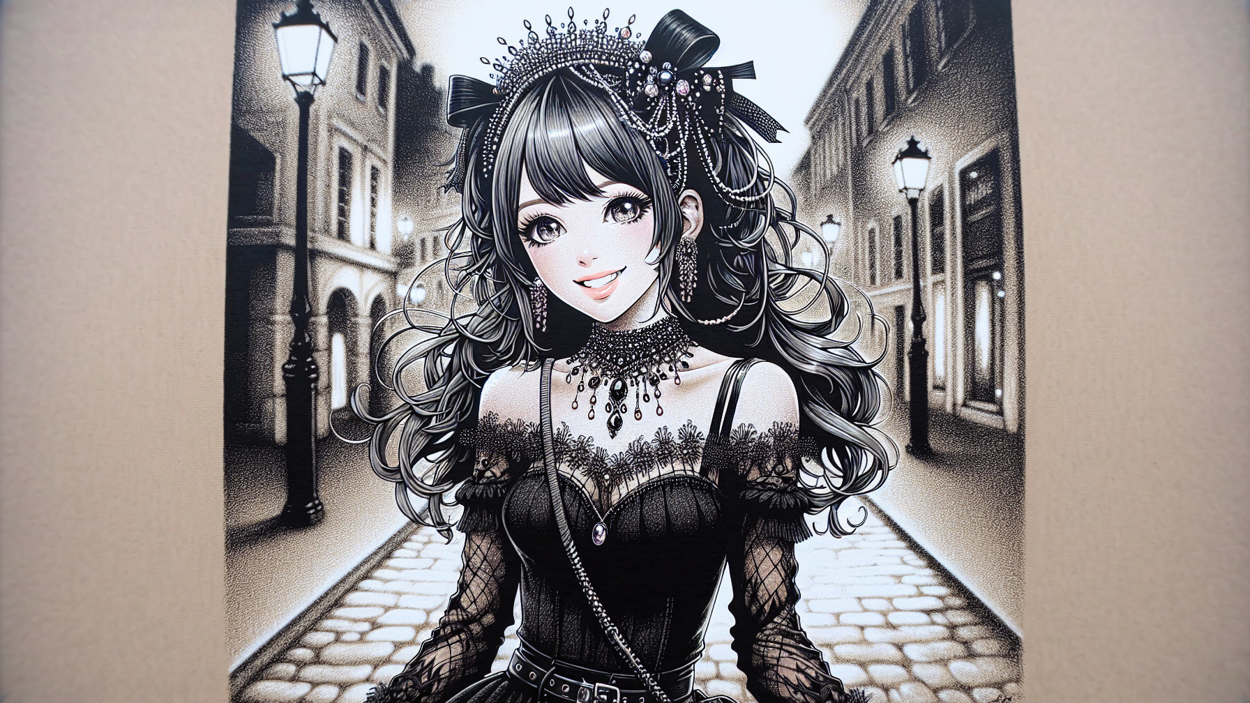 Stylized female character in gothic street setting