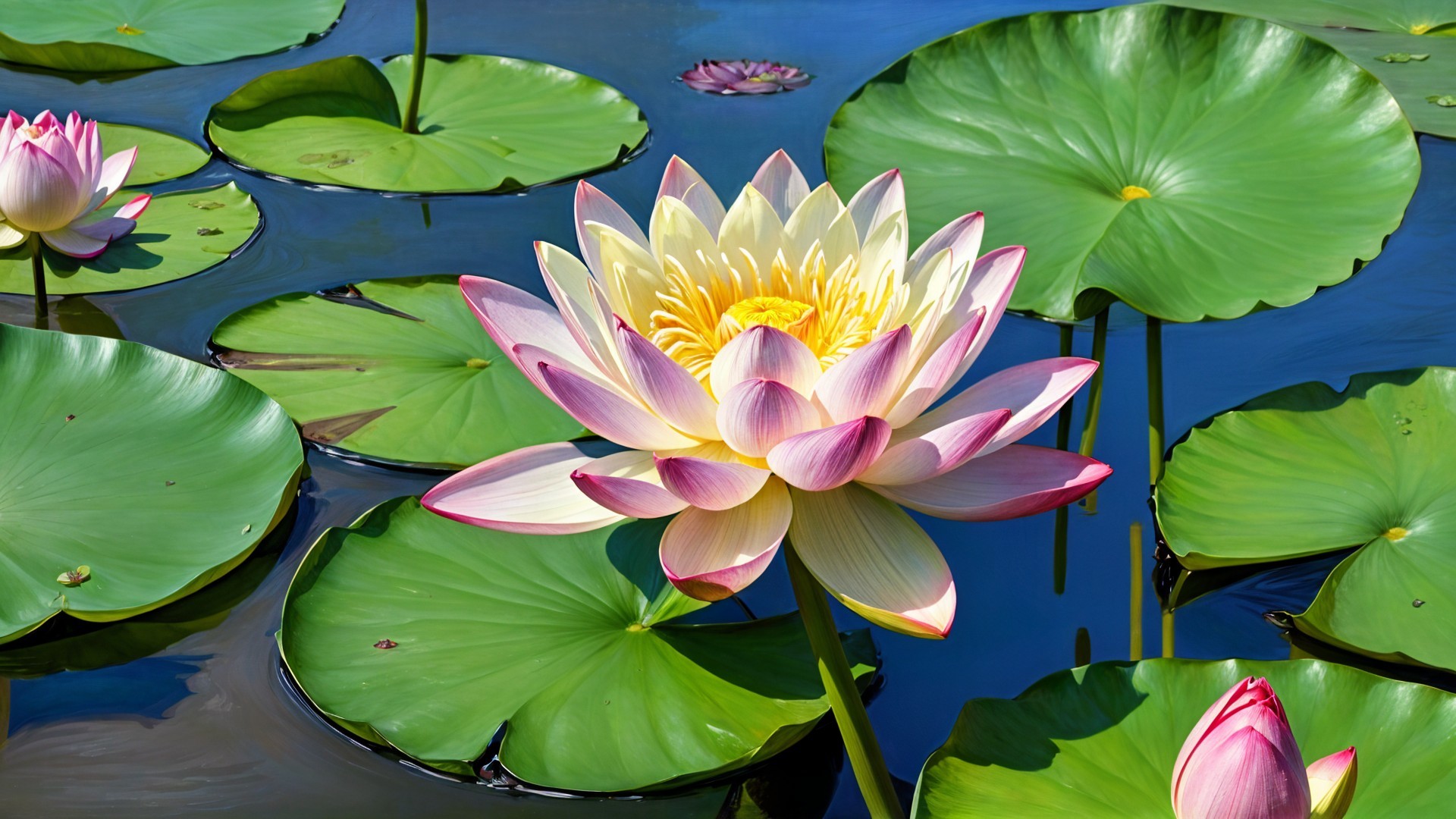 Vibrant Water Lilies on Calm Blue Water Surface