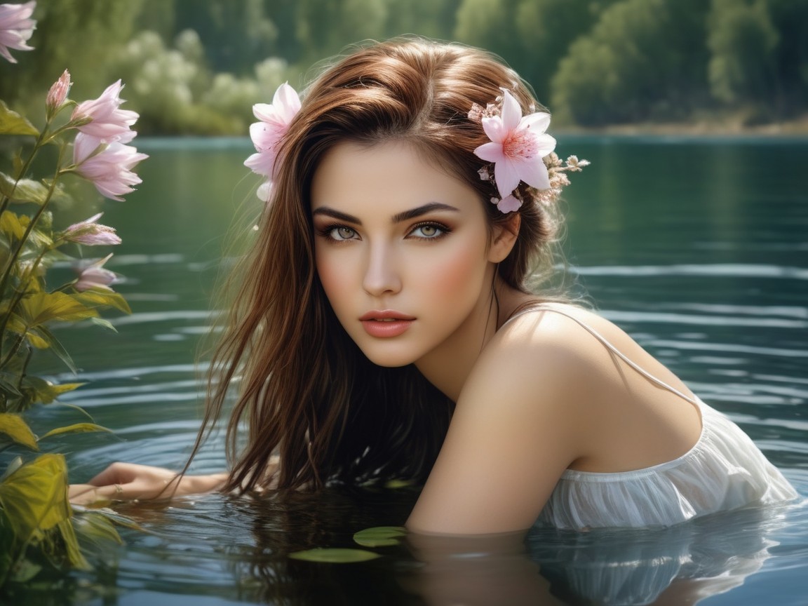 Young woman in serene lake setting with flowers