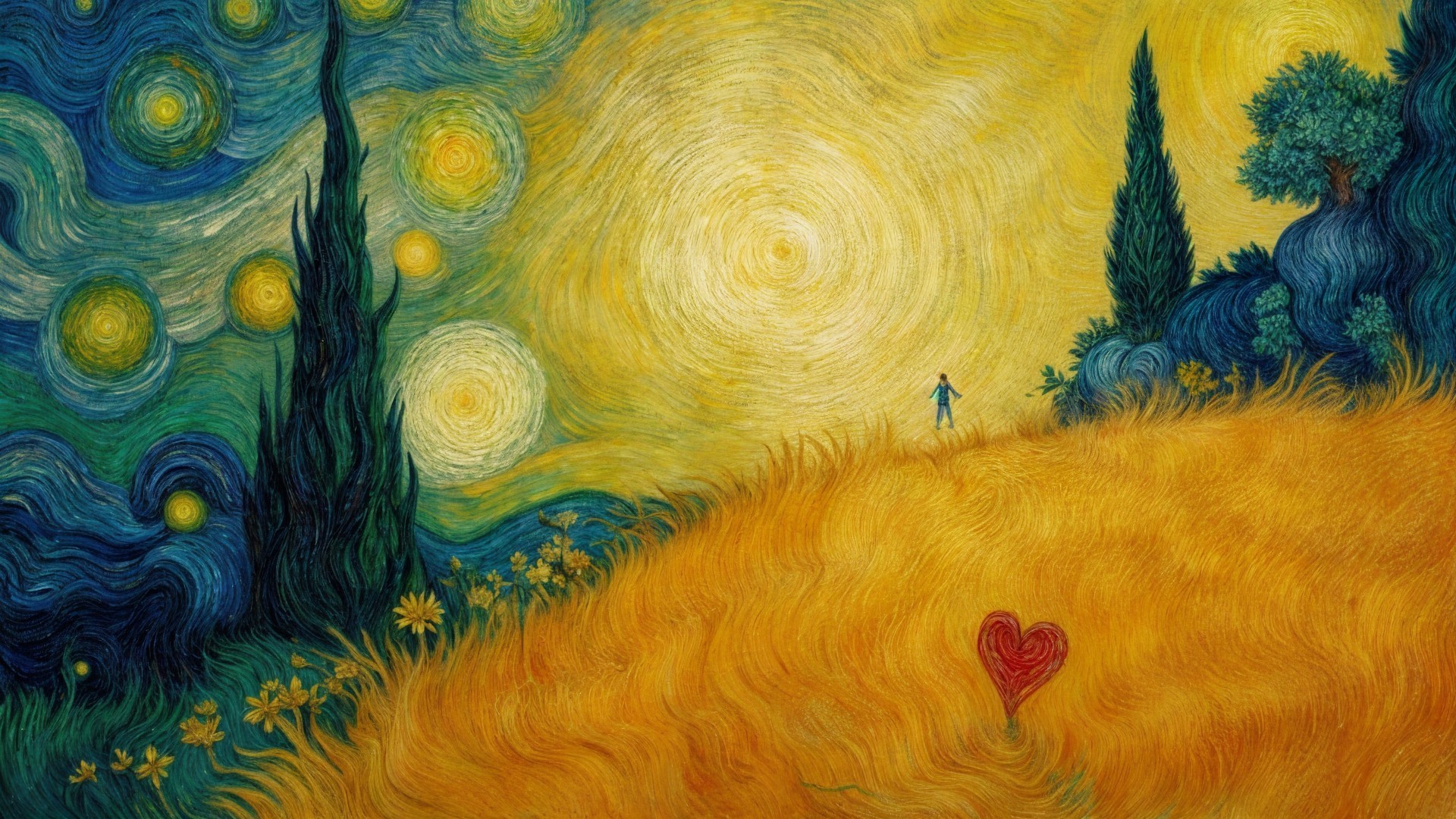 Vibrant Landscape with Swirling Skies and Wheat Fields