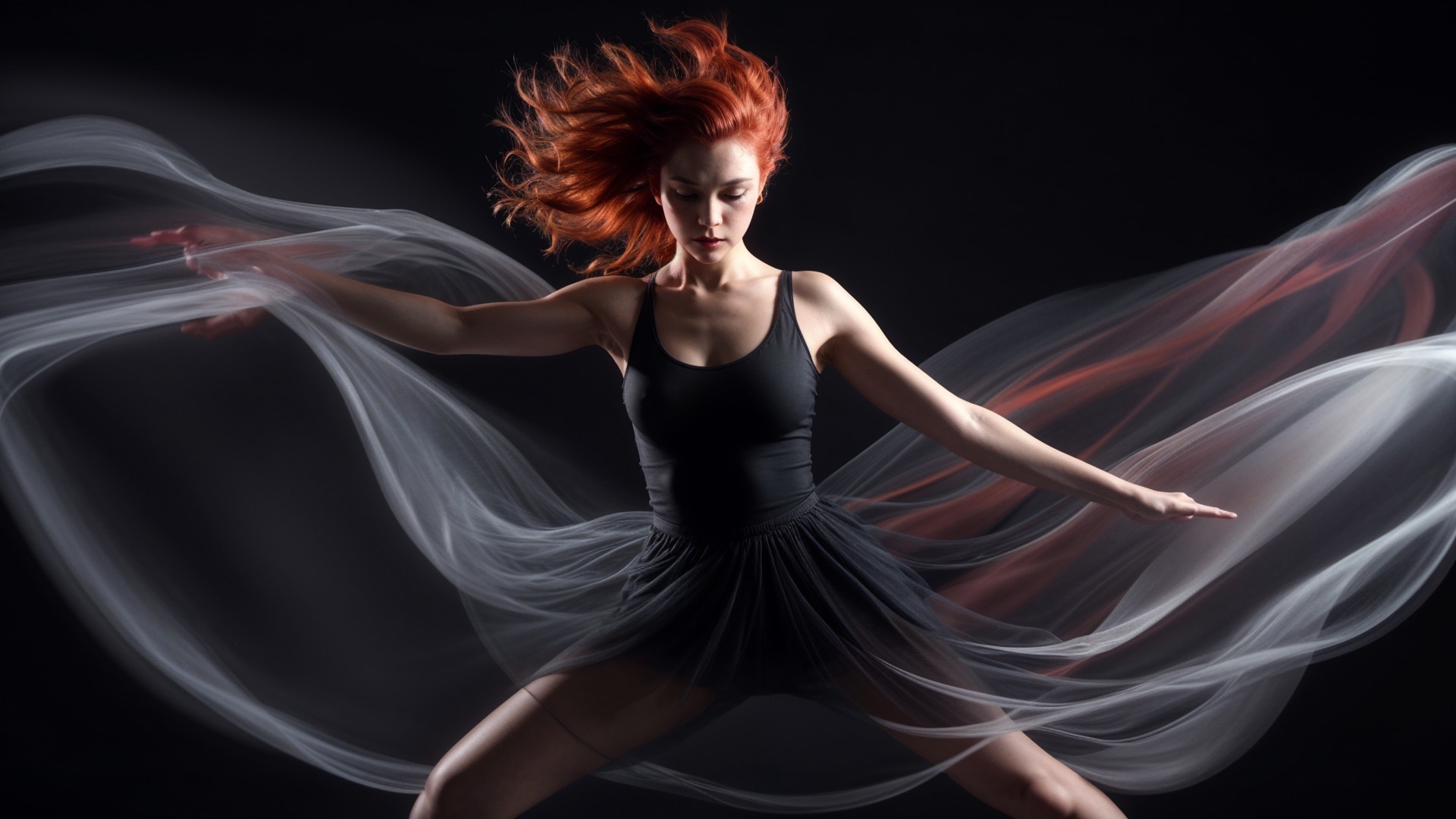 Dancer in Dynamic Pose with Translucent Fabrics