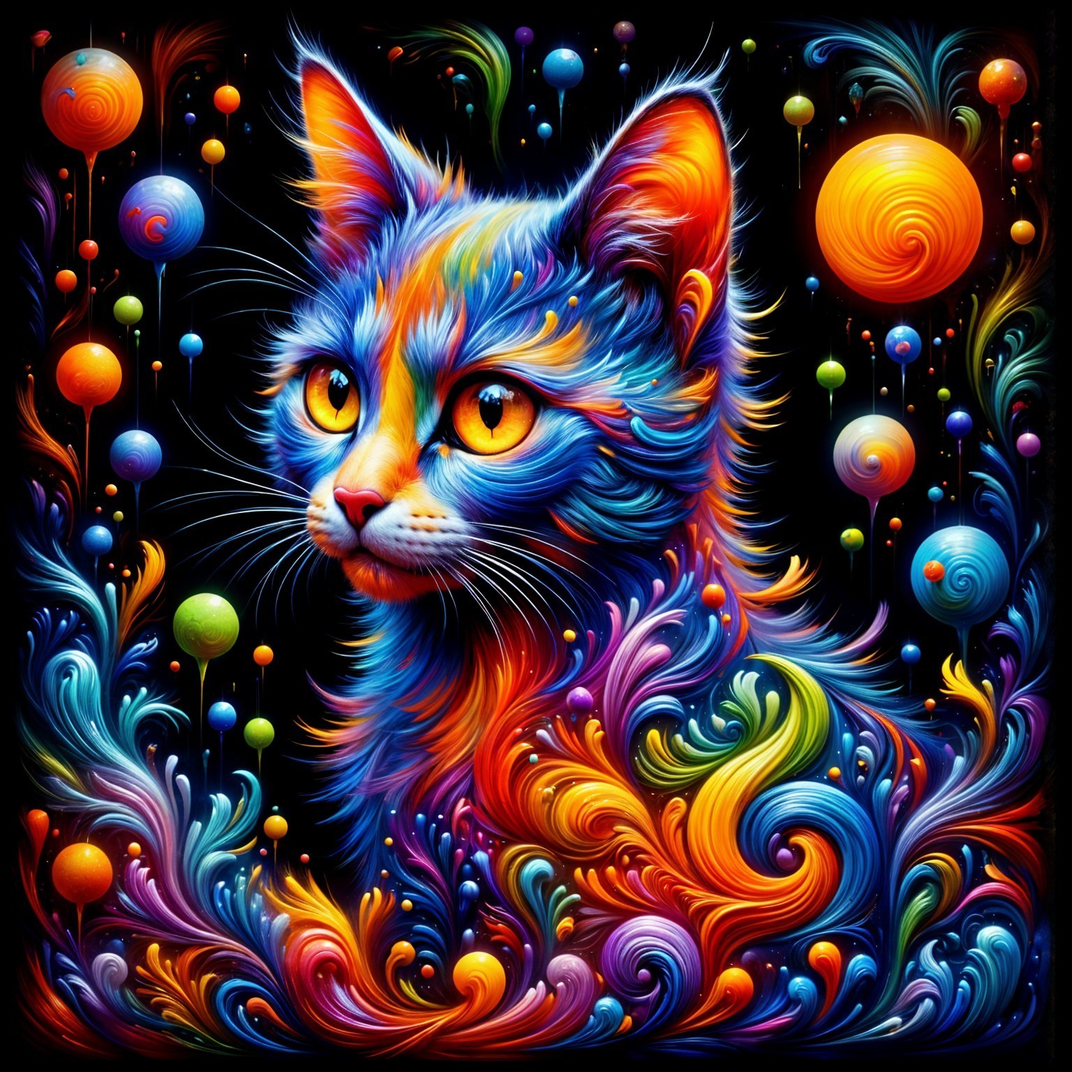 Psychedelic Cat with Colorful Patterns on Dark Background