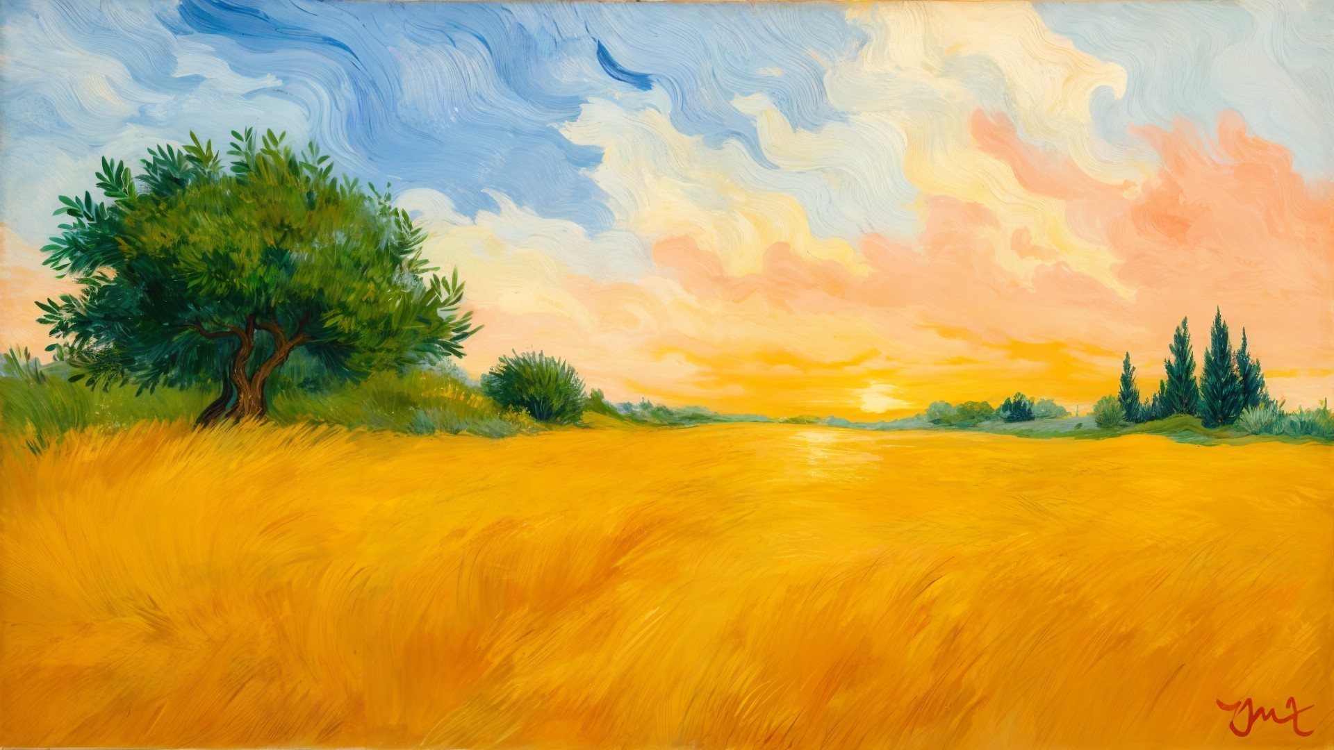 Vibrant Landscape with Golden Field and Swirling Sky