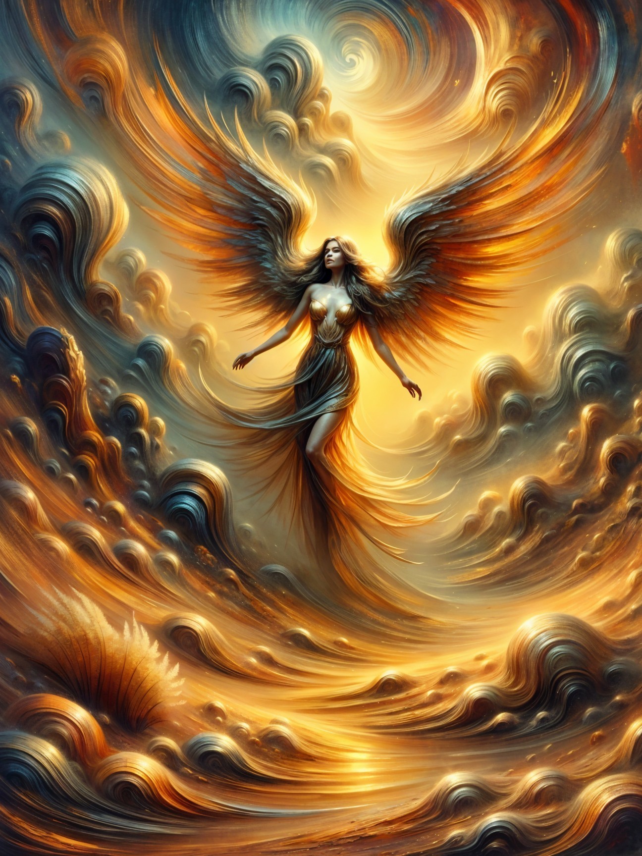 Majestic figure with ethereal wings in cosmic scene