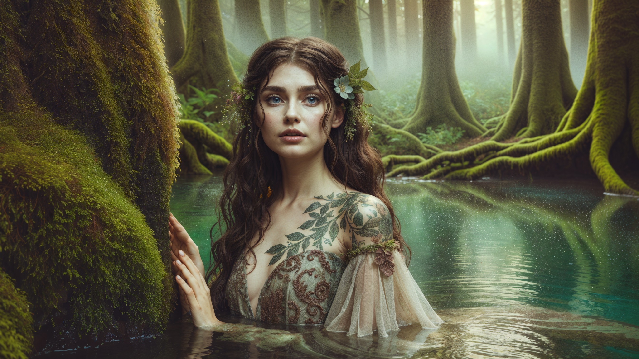 Young Woman in Ethereal Gown by Mossy Pond