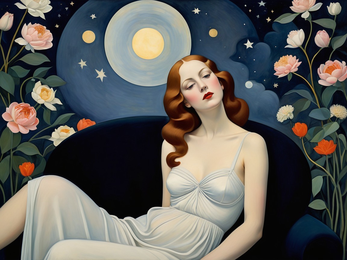Serene Woman in White Dress Against Night Sky and Flowers
