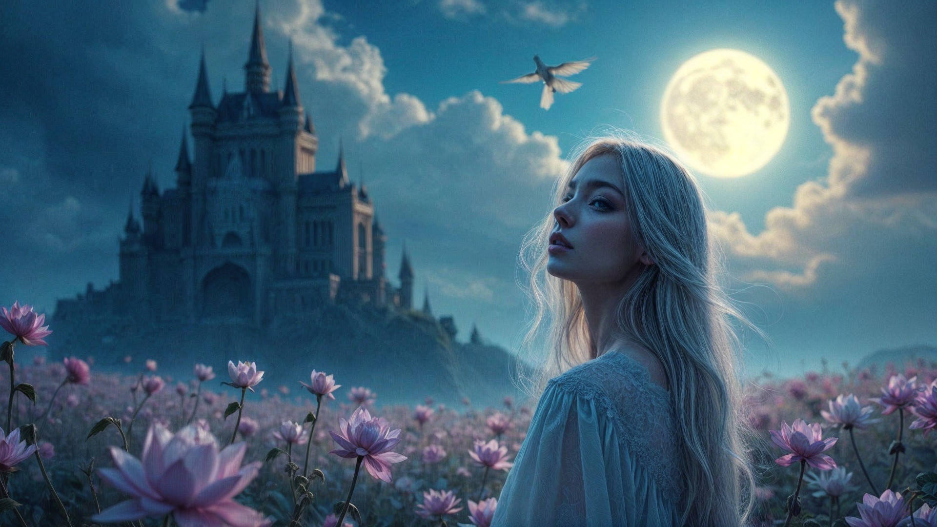 Moonlit Castle with Lotus Flowers and Fairy Presence