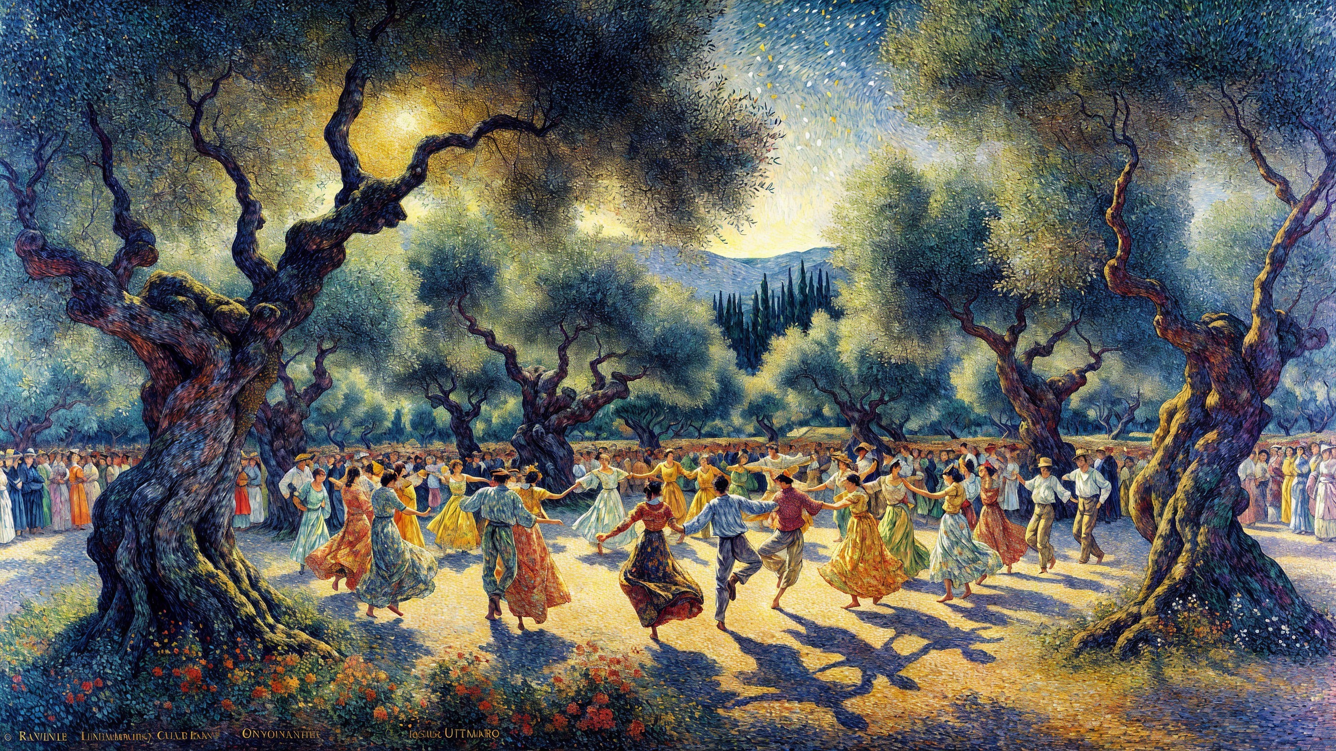 Dancers in Circle Under Olive Trees in Celebration